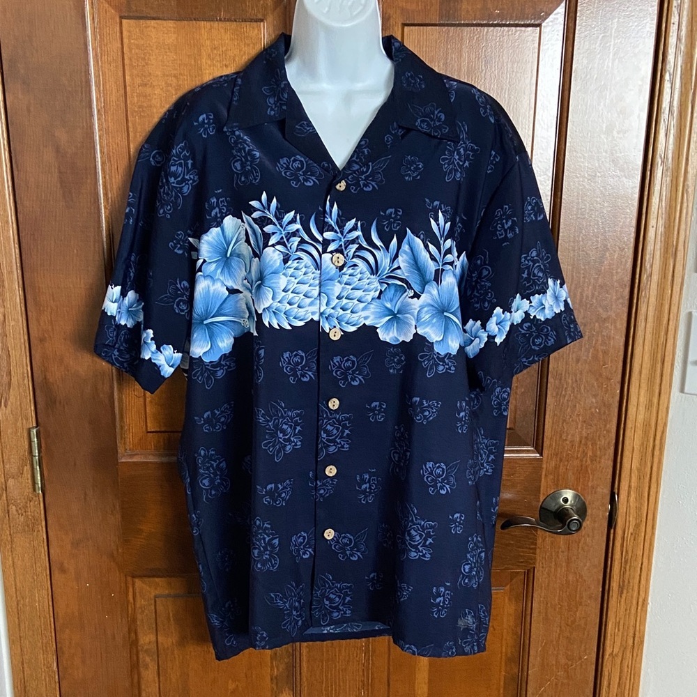 Vintage Kennington California blue floral Hawaiian shirt Travel Beach Size L